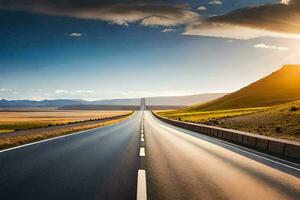 ein lange Autobahn mit das Sonne leuchtenden auf Es. KI-generiert foto