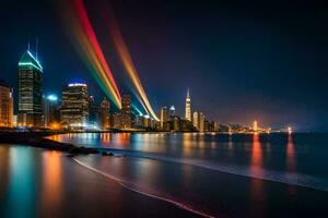 das Stadt Beleuchtung sind reflektiert im das Wasser. KI-generiert foto