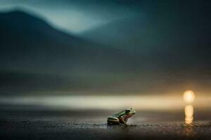 ein Frosch Sitzung auf das Ufer von ein See beim Nacht. KI-generiert foto