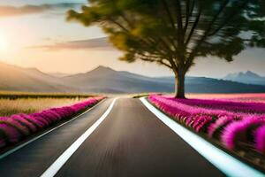 ein Straße mit lila Blumen und ein Baum im das Mitte. KI-generiert foto