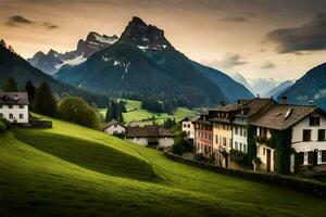 ein schön Dorf im das Berge mit Grün Gras. KI-generiert foto