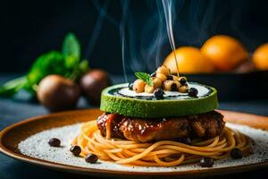 ein Teller mit Spaghetti und Fleisch auf oben. KI-generiert foto