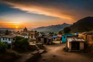 ein Dorf beim Sonnenuntergang im Indien. KI-generiert foto