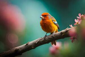 ein klein Orange Vogel ist Sitzung auf ein Ast. KI-generiert foto