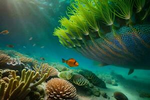 ein groß Meer Anemone und Fisch Schwimmen im das Ozean. KI-generiert foto