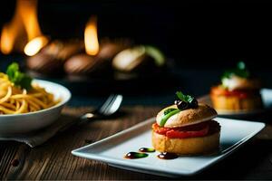 ein Teller von Essen mit Pasta und ein Tasse von Wein. KI-generiert foto