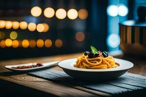 ein Teller von Pasta mit ein Soße und ein Schüssel von Oliven auf ein hölzern Tisch. KI-generiert foto