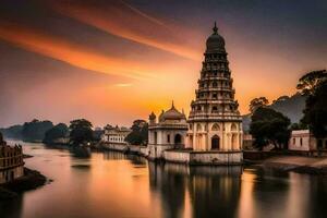 Foto Hintergrund das Himmel, Wasser, Fluss, Sonnenuntergang, Indien, udaipur,. KI-generiert