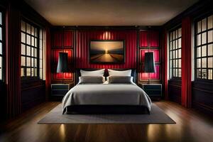 ein Schlafzimmer mit rot Wände und ein Bett. KI-generiert foto