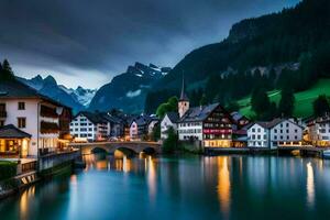 Foto Hintergrund das Himmel, Berge, Wasser, Stadt, Fluss, Brücke, Berge, Schweiz. KI-generiert