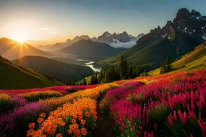 das Sonne steigt an Über ein bunt Feld von Blumen im das Berge. KI-generiert foto