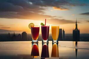 drei Brille von Saft mit ein Stadt Horizont im das Hintergrund. KI-generiert foto