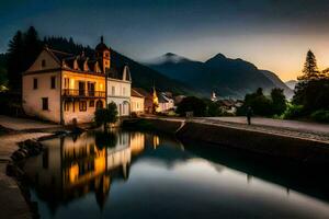 ein klein Stadt, Dorf im das Berge beim Sonnenuntergang. KI-generiert foto