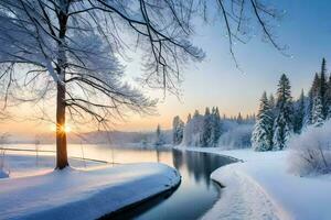 Winter Landschaft mit Bäume und Fluss. KI-generiert foto