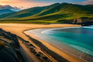 das Strand und Berge beim Sonnenuntergang. KI-generiert foto