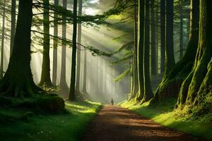 ein Pfad durch ein Wald mit Sonnenstrahlen leuchtenden runter. KI-generiert foto