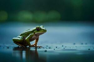 ein Frosch Sitzung auf das Boden im das Regen. KI-generiert foto