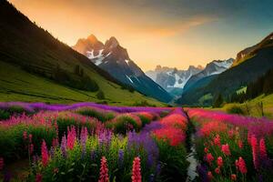 ein schön Feld von Blumen und Berge beim Sonnenuntergang. KI-generiert foto