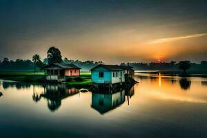 zwei klein Häuser auf das Wasser beim Sonnenuntergang. KI-generiert foto