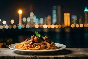 ein Teller von Spaghetti mit ein Stadtbild im das Hintergrund. KI-generiert foto