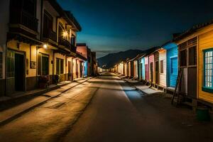 ein Straße gefüttert mit hell farbig Häuser beim Nacht. KI-generiert foto