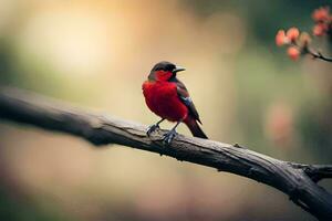 ein rot Vogel Sitzung auf ein Ast. KI-generiert foto