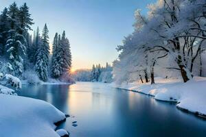 Winter Landschaft mit Schnee bedeckt Bäume und Fluss. KI-generiert foto