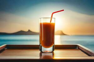 Orange Saft im ein Glas auf ein hölzern Tisch. KI-generiert foto