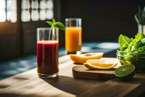 ein Glas von Saft und ein Schüssel von Gemüse. KI-generiert foto