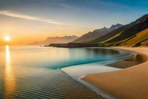 das Sonne setzt Über ein Strand und Berge. KI-generiert foto