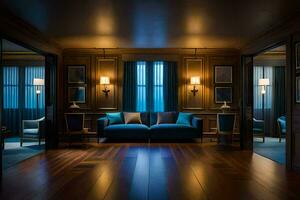 das Leben Zimmer von ein Hotel Zimmer mit Blau Liegen. KI-generiert foto