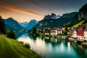 das Sonne setzt Über ein See und Berge im das Hintergrund. KI-generiert foto