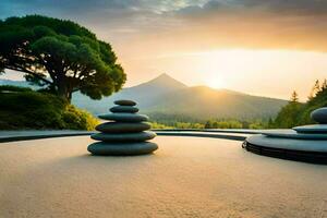 ein Zen Garten mit Felsen und Bäume beim Sonnenuntergang. KI-generiert foto