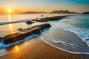 das Sonne setzt Über das Ozean und Felsen auf das Strand. KI-generiert foto