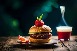 ein Hamburger mit Erdbeeren und ein Glas von Saft. KI-generiert foto