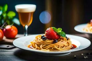 Spaghetti mit Tomate Soße und Erdbeeren auf ein Platte. KI-generiert foto