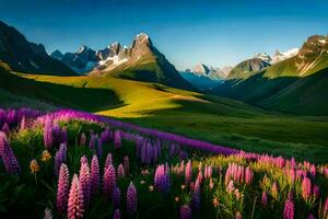 das Berge sind bedeckt mit lila Blumen und das Sonne scheint auf das Blumen. KI-generiert foto