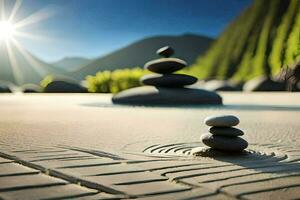 ein Zen Garten mit Steine und ein Sonne leuchtenden. KI-generiert foto