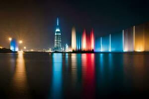 das Stadt Horizont ist zündete oben beim Nacht mit bunt Beleuchtung. KI-generiert foto