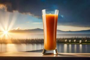 ein Glas von Orange Saft auf ein Tabelle im Vorderseite von ein See. KI-generiert foto