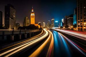 ein lange Exposition Foto von ein Stadt beim Nacht. KI-generiert