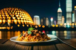 ein Teller von Spaghetti mit ein Aussicht von das Stadt. KI-generiert foto