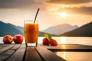 ein Glas von Saft mit Erdbeeren und Äpfel auf ein hölzern Tisch. KI-generiert foto