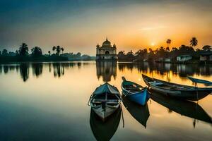 Boote im das Wasser beim Sonnenuntergang mit ein Tempel im das Hintergrund. KI-generiert foto