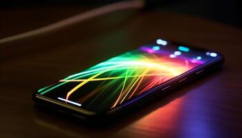 beschwingt Handy, Mobiltelefon Technologie leuchtet futuristisch global Kommunikation im glühend Farben generiert durch ai foto