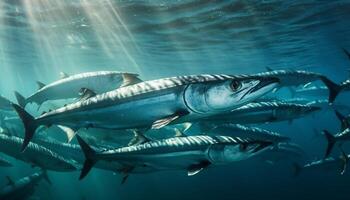 Schule von Fisch schwimmen im majestätisch Bewegung im das tief generiert durch ai foto