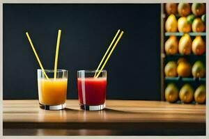 zwei Brille von Orange Saft mit Strohhalme auf ein hölzern Tisch. KI-generiert foto