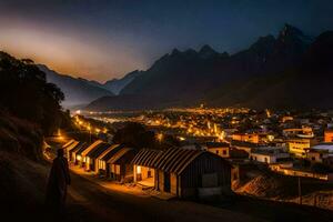 ein Stadt, Dorf beim Nacht mit Berge im das Hintergrund. KI-generiert foto