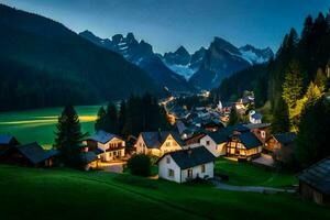 Foto Hintergrund das Himmel, Berge, Bäume, Nacht, Dorf, Haus, Bäume, Berge,. KI-generiert