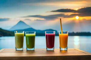 vier Brille von Saft auf ein Tabelle mit Berge im das Hintergrund. KI-generiert foto